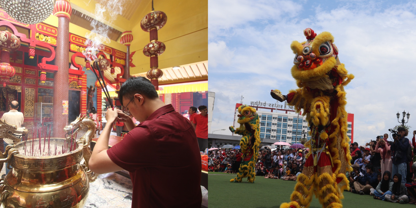 TRADISI TAHUNAN: Kelenteng Eng An Kiong kedatangan umat yang melakukan sembahyang sejak Selasa malam (28/1). Foto kanan, atraksi barongsai mewarnai perayaan tahun Baru Imlek di Sky Garden Matos.