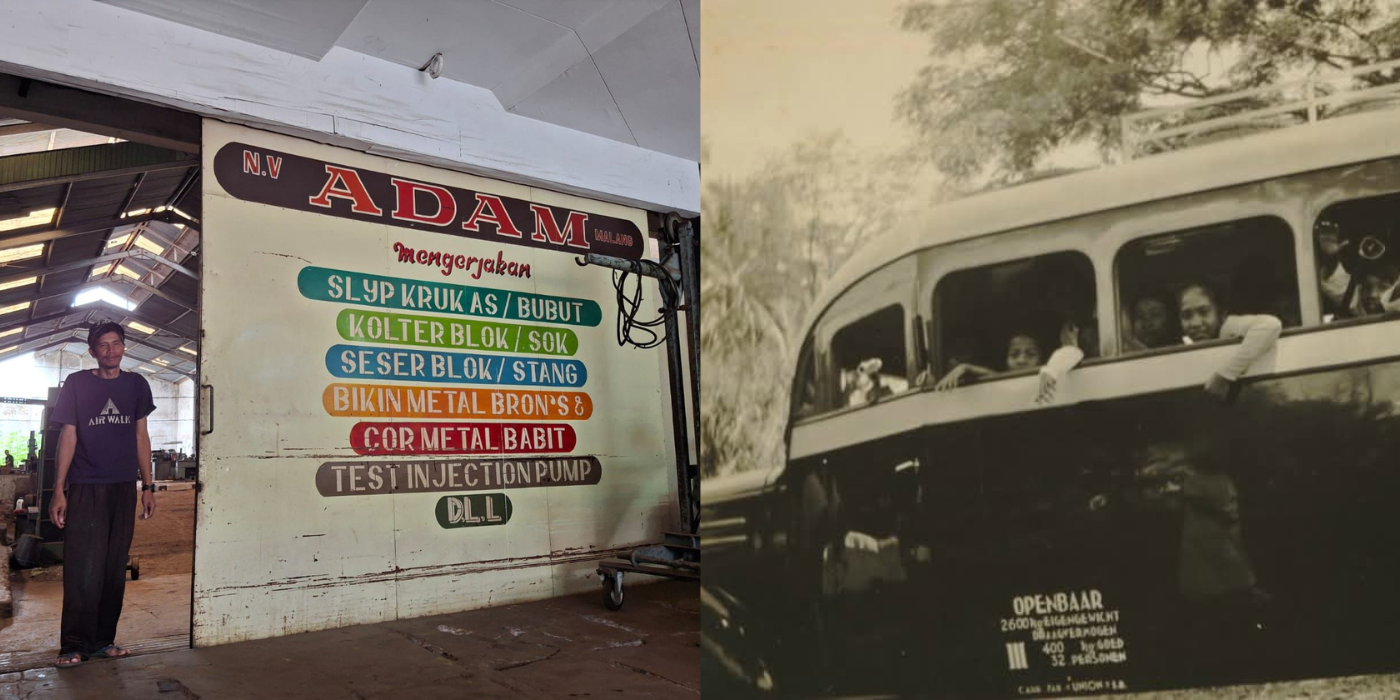 PUNYA CERITA PANJANG: Bekas tempat usaha NV Adam di Jalan Ade Irma Suryani Nomor 7, Kecamatan Klojen kini menjadi bengkel reparasi bus. Foto kanan, dokumentasi salah satu bus milik NV Adam tahun 1940-