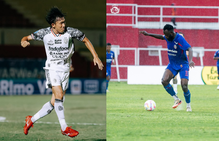 JALAN TERJAL: Charles Lokolingoy (kanan) dan Mitsuru Maruoka (foto kiri) diandalkan masing masing tim sebagai sumber gol dalam laga nanti sore. (INSTAGRAM: AREMA FC, BALI UNITED)