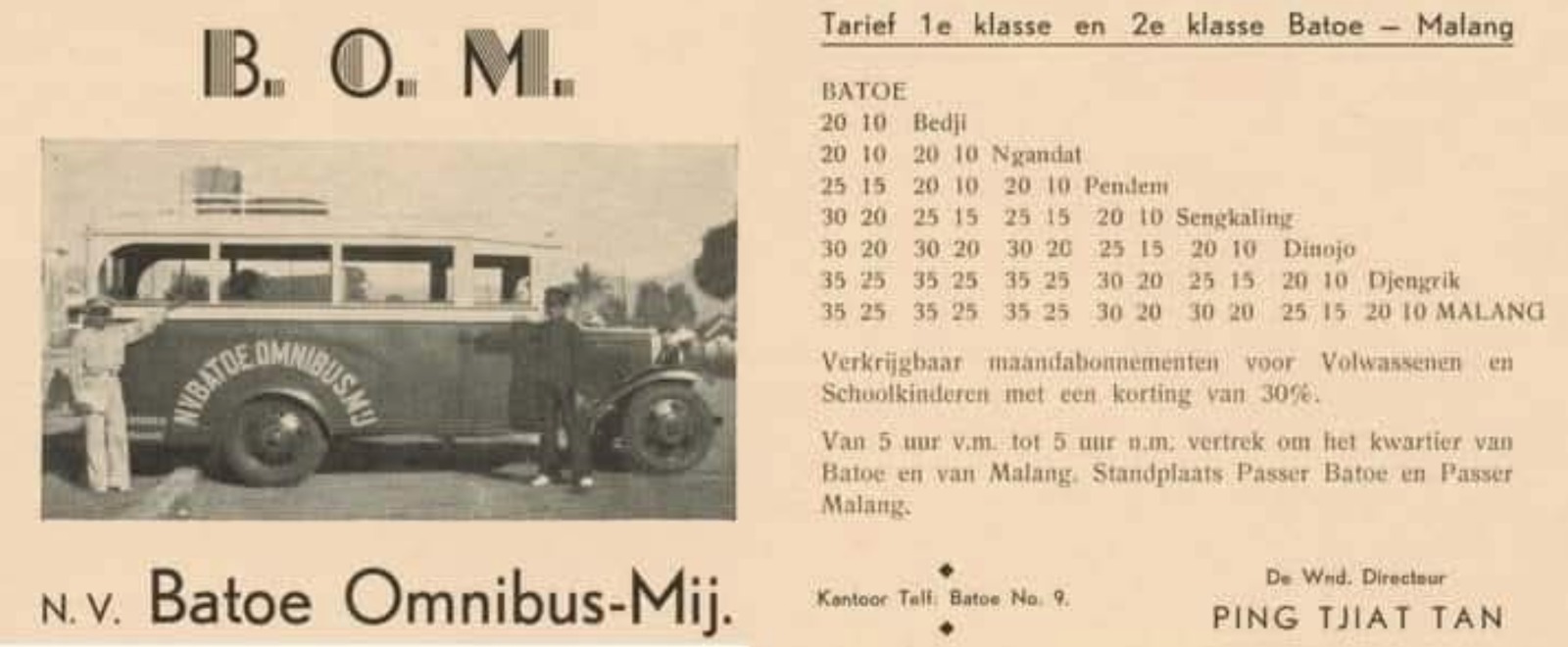 PELOPOR: Gambar bus milik NV Batoe Omnibus Maatschappij beserta jadwal keberangkata dan tarifnya saat awal beroperasi pada era 1930-an. (TROPENMUSEUM)