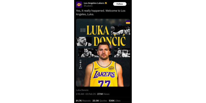 Unggahan resmi sambutan kedatangan Luka Doncic melalui X. (X: Los Angeles Lakers)