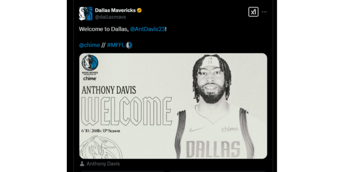 Unggahan resmi sambutan Mavericks akan Anthony Davis. (X: Dallas Mavericks)