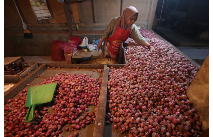 Pedagang bawang merah di pasar Comboran menunggu pembeli kemarin. Bawang merah menjadi salah satu penyumbang deflasi di samping diskon tarif listrik sebesar Rp 50 persen. (SATRIA CAHYONO/RADAR MALANG)