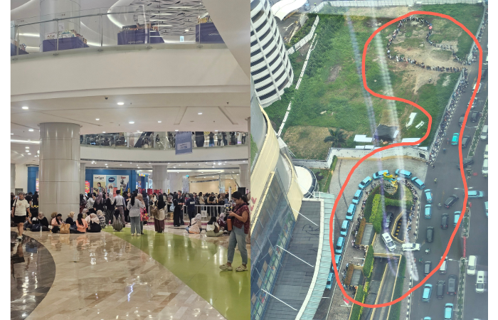 Suasana penukaran tiket konser Seventeen pada Selasa (4/2) lalu. (X: @daehakyo, @ugebe1)