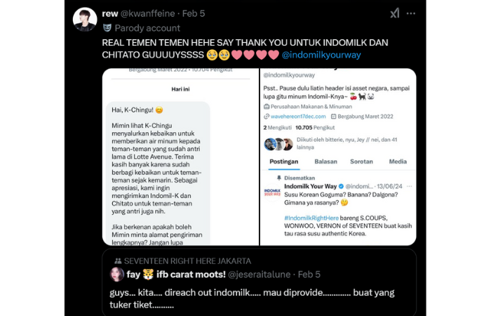 Indomilk dan Chitato membagikan produknya secara gratis untuk Carat yang mengantre (X: @kwanffeine dan @jeseraitalune)