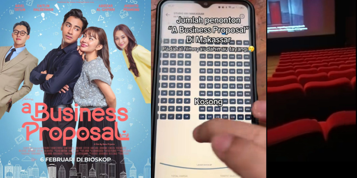 FIlm A Bussiness Porposal versi Indonesia sepi penonton, pengguna TikTok tunjukkan bangku kosong di bioskop melalui aplikasi dan secara langsung. (TikTok dan Instagram)