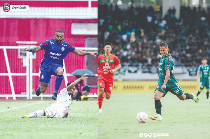 HARUS BERTAJI: Dalberto Luan Belo (kiri) dan full back PSS Sleman Abduh Lestaluhu menjadi pemain yang diandalkan dalam laga nanti sore. (INSTAGRAM PSS DAN AREMA FC)