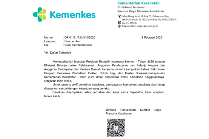 Surat pemberitahuan Kemenkes tentang penangguhan Beasiswa Pendidikan Dokter 2025 yang diunggah di akun media sosial resminya pada Selasa (18/2). (X.com/@KemenkesRI)