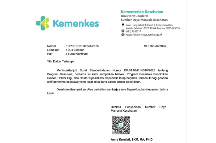 Surat klarifikasi Kemenkes yang menyatakan Beasiswa Pendidikan Dokter 2025 tetap berjalan. (X.com/@KemenkesRI)
