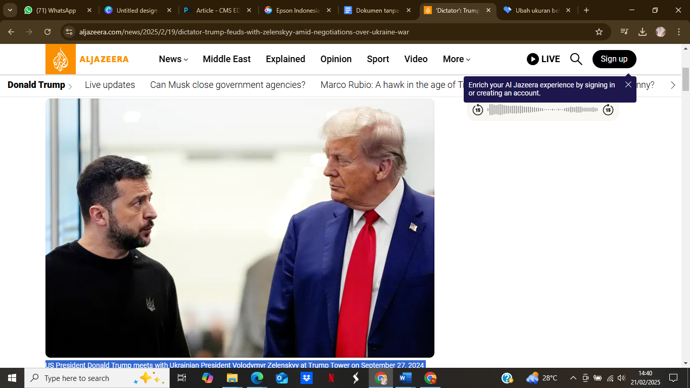 US President Donald Trump meets with Ukrainian President Volodymyr Zelenskyy at Trump Tower on September 27, 2024 [Julia Demaree Nikhinson/AP Photo] (ALJAZEERA)