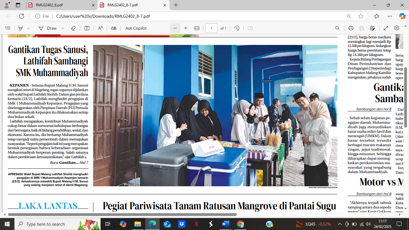 APRESIASI: Wakil Bupati Malang Lathifah Shohib menghadiri pengajian di SMK 1 Muhammadiyah Kepanjen kemarin (23/2). Ia mewakili Bupati Malang H M. Sanusi. (INDAH MEI YUNITA/RADAR KANJURUHAN)