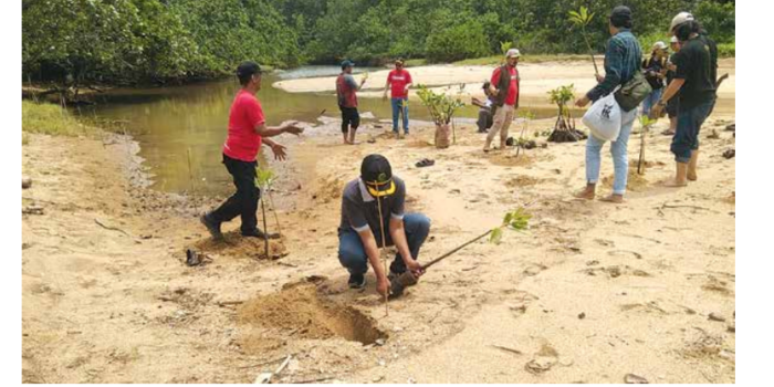 JAGA LINGKUNGAN: Pegiat pariwisata yang tergabung dalam relawan Sandiuno menanam pohon mangrove di Pantai Sugu, Desa Sumberbening, Kecamatan Bantur kemarin (23/2). (SANDIUNO FOR RADAR KANJURUHAN)