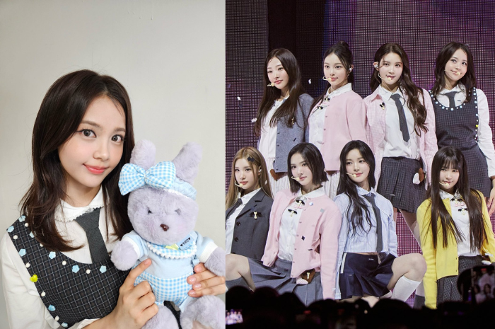 Carmen (kiri) resmi debut bersama grupnya Hearts2Hearts (kanan) kemarin (24/2). (Weverse/Hearts2Hearts, Naver/Starnews)