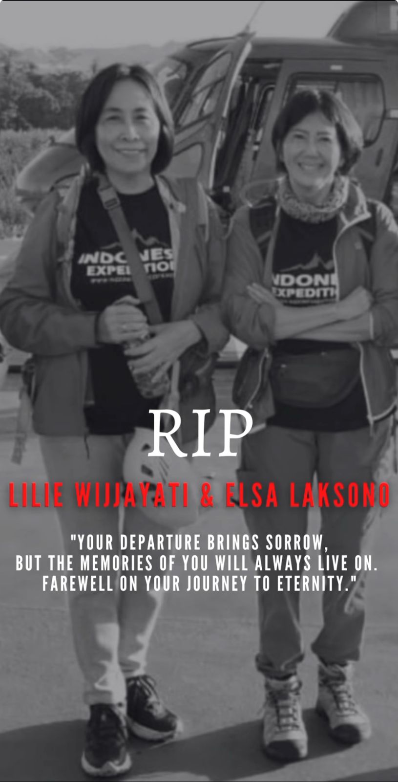 Foto dua pendaki yang tewas di puncak Gunung Cartenz, Papua, pada Sabtu, 1 Maret 2025. Lilie Wijayanti Poegiono dan Elsa Laksono.