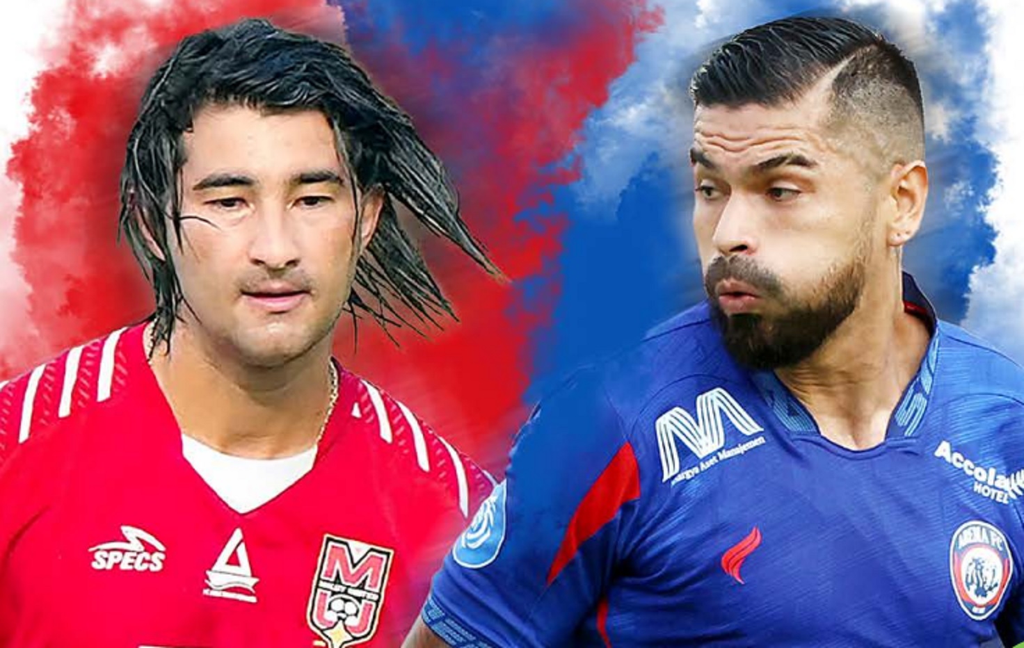 TUGAS BERAT: Julian Guevara (kanan) dituntut tampil maksimal menghadang serangan Malut United pada laga nanti malam. Ketajaman Diego Martinez diandalkan Malut United untuk membobol gawang Arema FC.