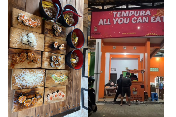 Kedai all you can eat yang bukan menyediakan daging, Kizuna Sushi (kiri) dan Tempura Kasih Ngawur (kanan). (Google Maps/Erren Yanvia Novarin, ipanwahyudi)