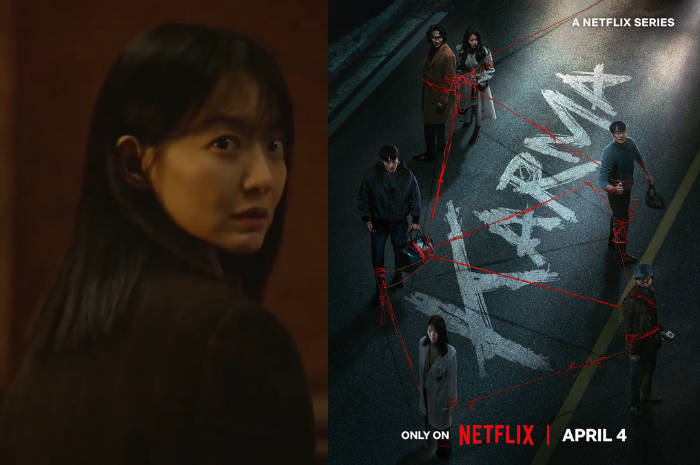 Poster resmi serial Karma (kanan) dan still cut Shin Min Ah di teaser yang diunggah kemarin (4/2). (X.com/Netflix)
