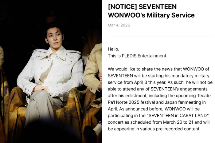 Unggahan Instagram Jeon Wonwoo Seventeen saat menghadiri event Burberry (kiri). Ia akan melaksanakan wajib militer (Wamil) pada 3 April 2025. (Instagram/@everyone_woo, Weverse/Seventeen)