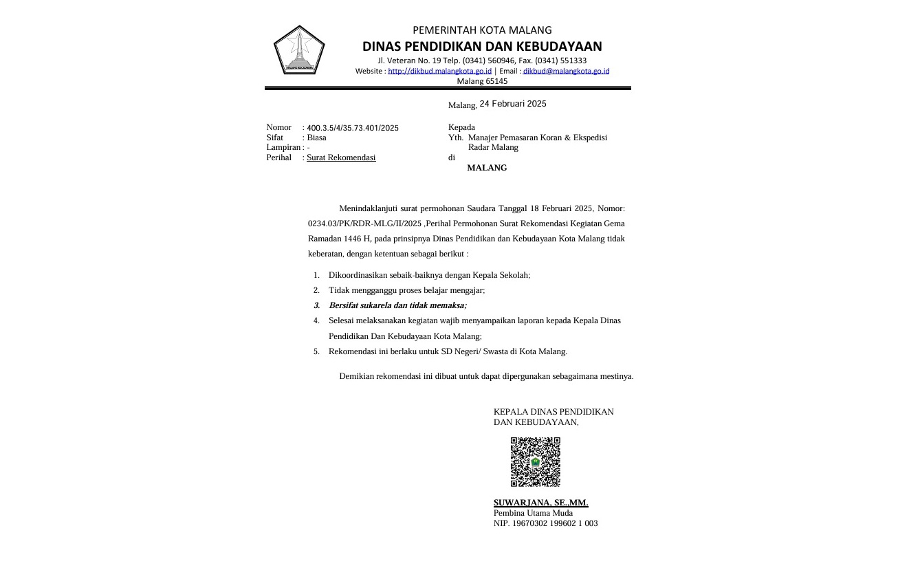 FULL SUPPORT: Surat rekomendasi kegiatan dari Dinas Pendidikan dan Kebudayaan Kota Malang untuk acara Gema Ramadan 1446 H.