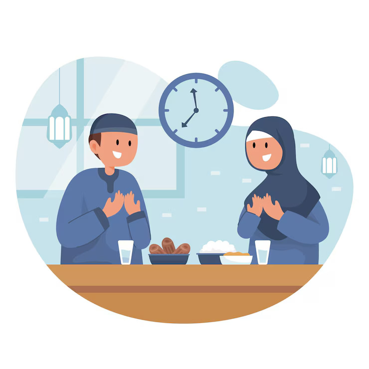Ilustrasi seorang wanita dan pria sedang melakukan ibadah di bulan Ramadhan. (freepik.com)