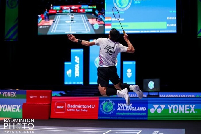 Aksi Jonatan Christie di ajang All England 2024. (Badminton Photo)