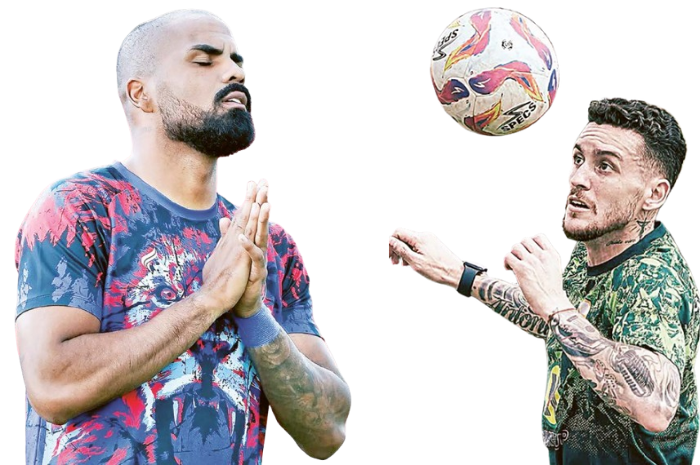 Thales Lira (kiri) bertekad membantu Arema FC mencatatkan back to back kemenangan pada laga nanti sore. Jaime Moreno (kanan) siap menjadi sumber gol tim dalam laga BRI Liga 1 pekan ke-27.