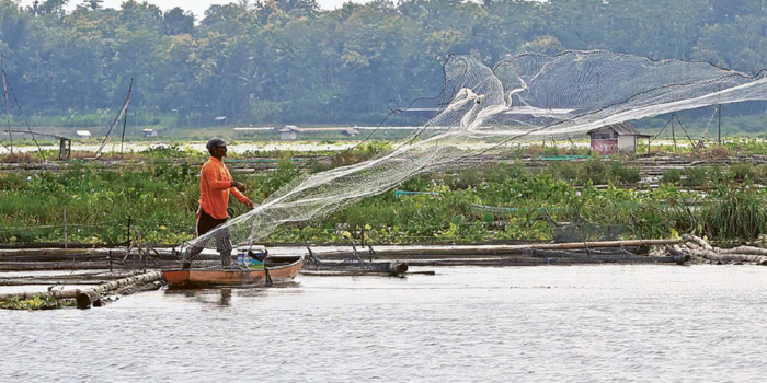 MATA PENCAHARIAN: Seorang pencari ikan menebar jala di area Keramba Jaring Apung (KJA) Bendungan Sutami kemarin.