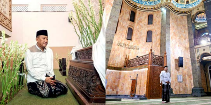 Kiai Mukhlas berziarah ke makam KH Ismail bin Raden Arif Pakunegoro di bawah Masjid Al-Hidayah. Foto kanan, desain interior Masjid Al-Hidayah dibuat seperti Masjid Hagia Sophia di Turki.