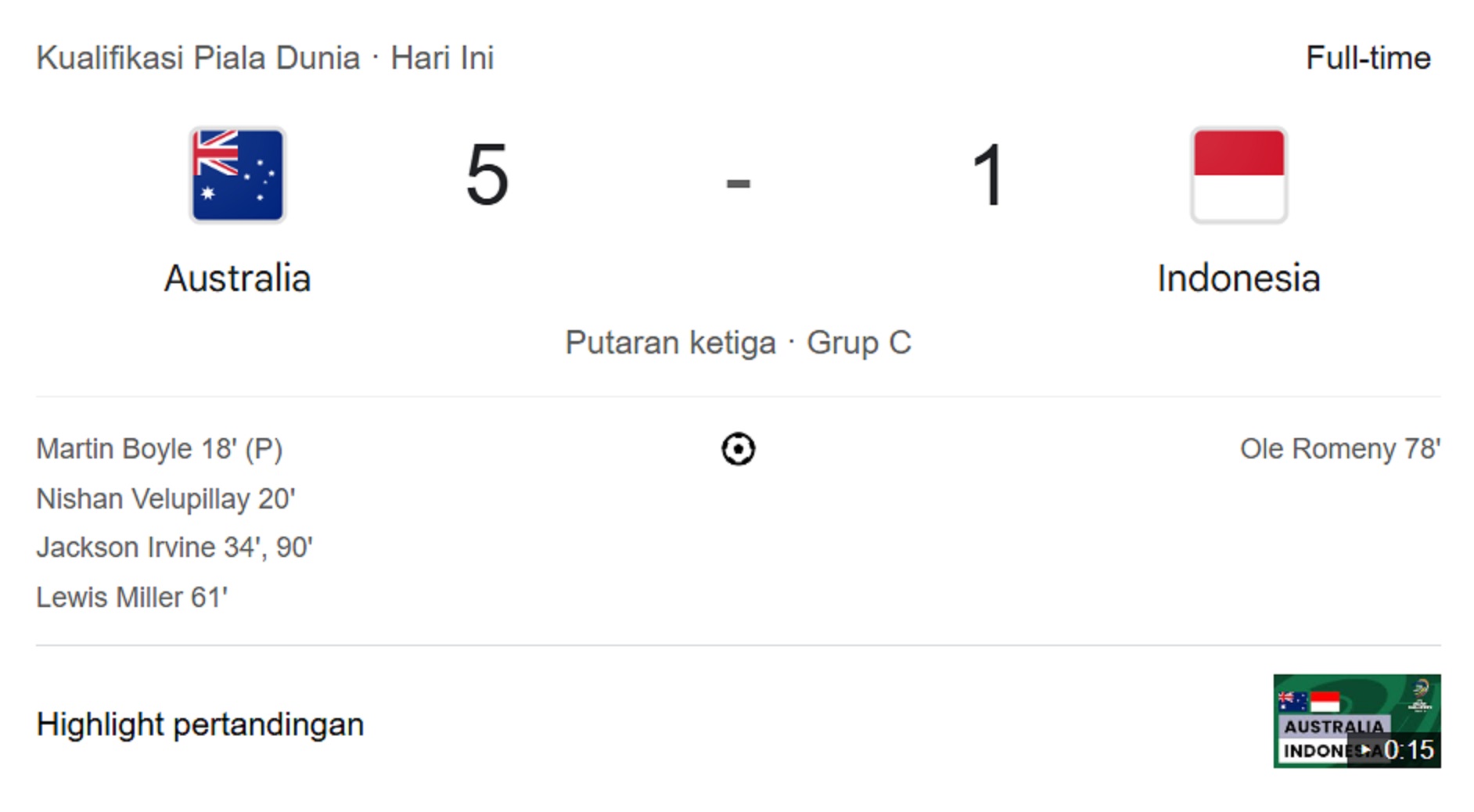 KALAH: Skor akhir Australia vs Indonesia, 5-1, dengan hasil ini peluang timnas lolos Piala Dunia 2026 belum tertutup.