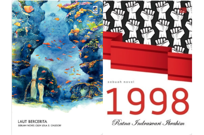 Cover novel Laut Bercerita dan 1998 : sebuah novel menjadi salah dua novel yang mengangkat tragedi 1998. (Goodreads)