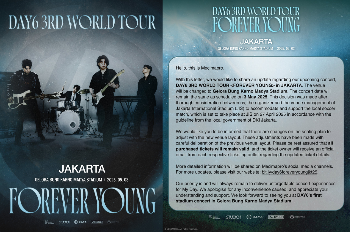 Pengumuman perubahan venue konser DAY6 dari JIS ke Stadion Madya GBK. (X/@mecimapro)