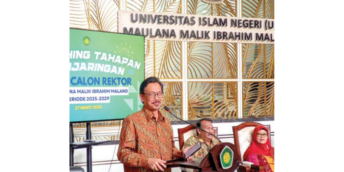 Rektor UIN Maliki Malang Prof Dr H M Zainuddin MA memimpin launching tahapan seleksi bakal calon rektor, kemarin (ALFATH IMAM / RADAR MALANG).