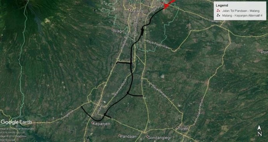 Tangkapan Layar Google Earth Jalan Malang-Kepanjen. (simpulkpbu.pu.go.id)