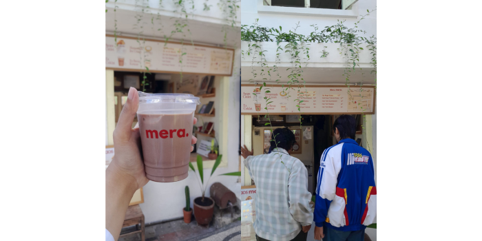 Menu cokelat panas (kiri) dan kedua pemuda sedang memesan (kanan). (RAISYA SEKAR FOR RADAR MALANG)