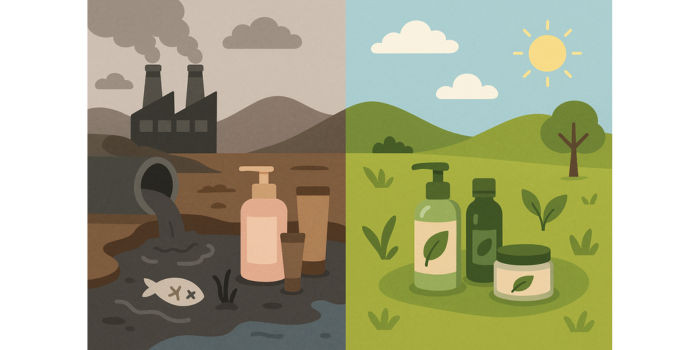 Ilustrasi perbandingan skincare yang ramah lingkungan dengan yang tidak ramah lingkungan.