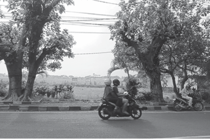 MENUNGGU REALISASI: Pengendara motor melintas di Jalan raya Panji, tepat di samping lahan untukrencana pembangunan alun-alun Kepanjen. (INDAH MEI YUNITA/RADAR KANJURUHAN)