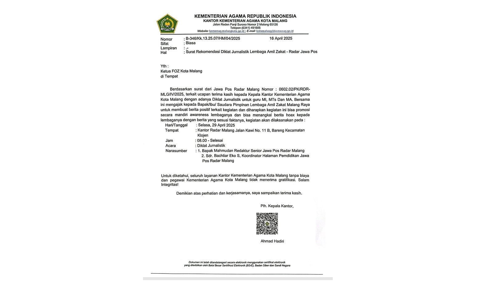 DUKUNGAN PENUH: Surat rekomendasi Kantor Kemenag Kota Malang terkait Diklat Jurnalistik LAZ yang digelar Jawa Pos Radar Malang .