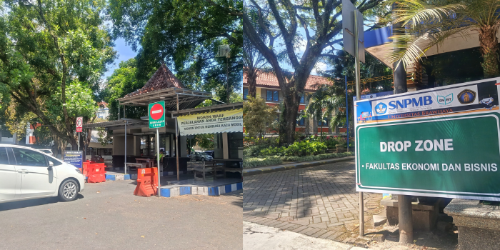 Sebelah kiri adalah pintu masuk Gerbang KPRI UB & sebelah kanan adalah drop zone di FEB UB saat hari ke-2 UTBK 2025 (24/4) (majesta yesha).