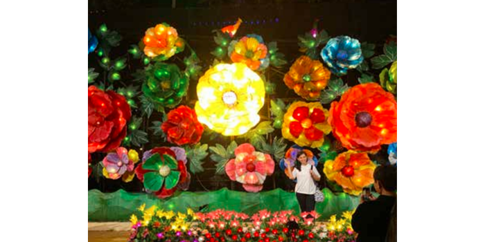 BANYAK PERTUNJUKAN: Salah satu pengunjung berpose di Taman Lampion Malang Night Paradise (MNP).