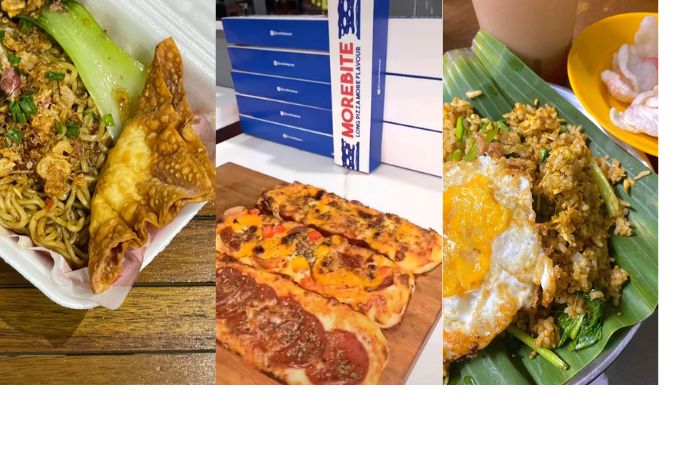 Ragam kuliner yang ada di Pasar Dinoyo. Dari kiri, ada mie bangladesh Madjoe Djaja, Morebite Pizza, dan nasi goreng Dukduk Milenium. (Google Maps/Waroeng Madjoe Djaja, Morebite Pizza/Kemal Ardli)