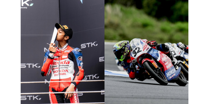 Kiandra Ramadhipa ketika berhasil menduduki podium (kiri) dan ketika sedang melakukan aksi balapnya (kanan). (Instagram/mk.ramadhipa)