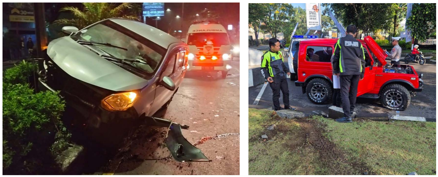 Dua kecelakaan serupa terjadi di Malang, Calya tabrak median di Balearjosari dan Katana terguling di Jalan Semeru pada (8/5/2025) (ISTIMEWA - POLRESTA MALANG KOTA FOR RADAR MALANG).