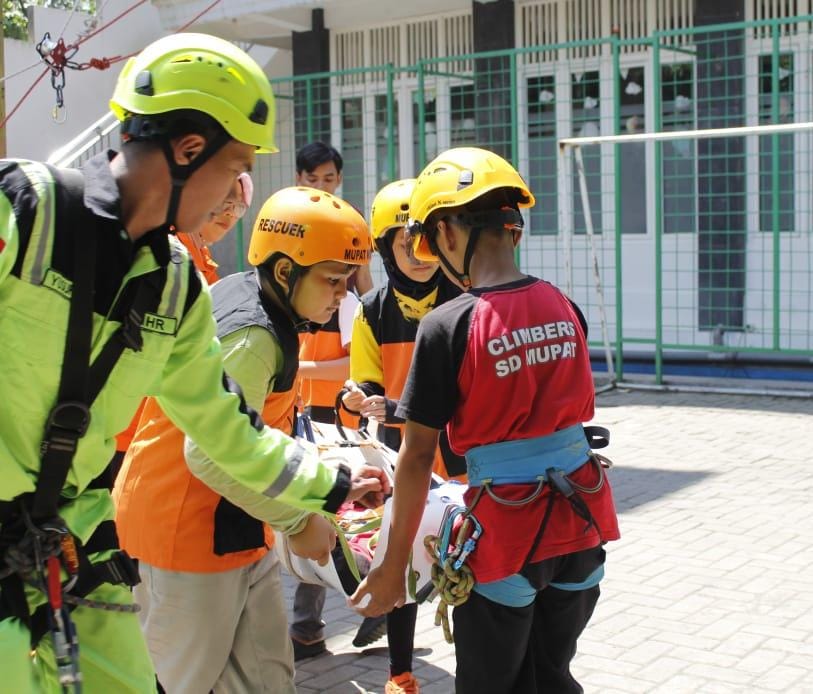 TANGGAP: SD Muhammadiyah 4 Kota Malang menggelar simulasi mitigasi bencana gempa bumi. Kegiatan ini berlangsung serentak se-Indonesia.