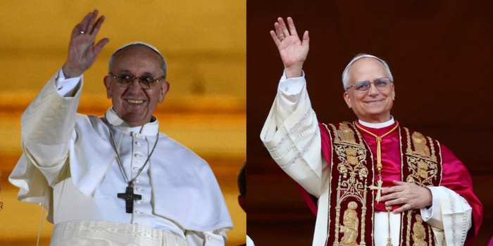 Kiri: Paus Fransiskus di balkon Santo Petrus (2013). Kanan: Paus Leo XIV muncul pertama kali (2025) (usatoday.com/Dylan Martinez & Guglielmo Mangiapane/Reuters).