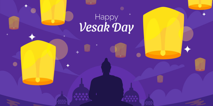 Poster ilustrasi ucapan hari raya Waisak yang dipenuhi dengan lampion (freepik.com).