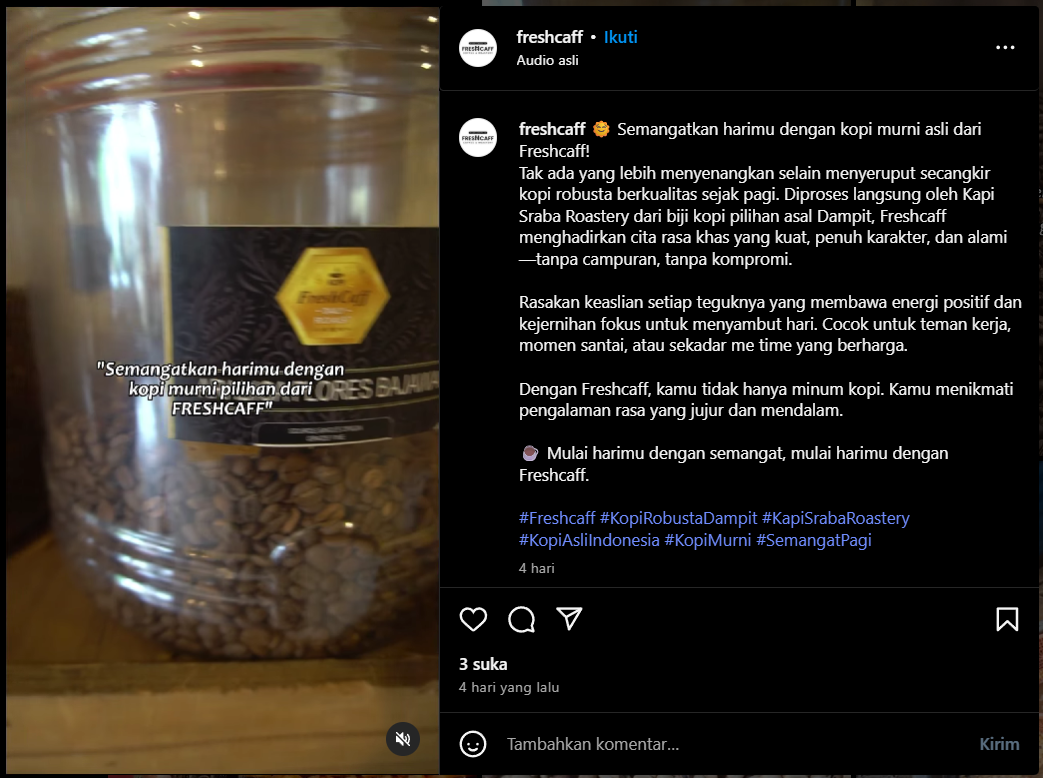 Promosi produk freshcaff di akun instagram resmi.