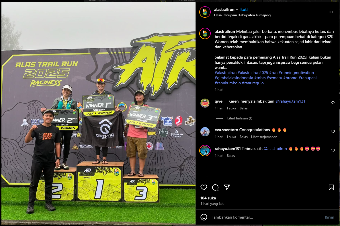 Postingan pemenang Alas Trail Run 2025 (instagram @alastrailrun).