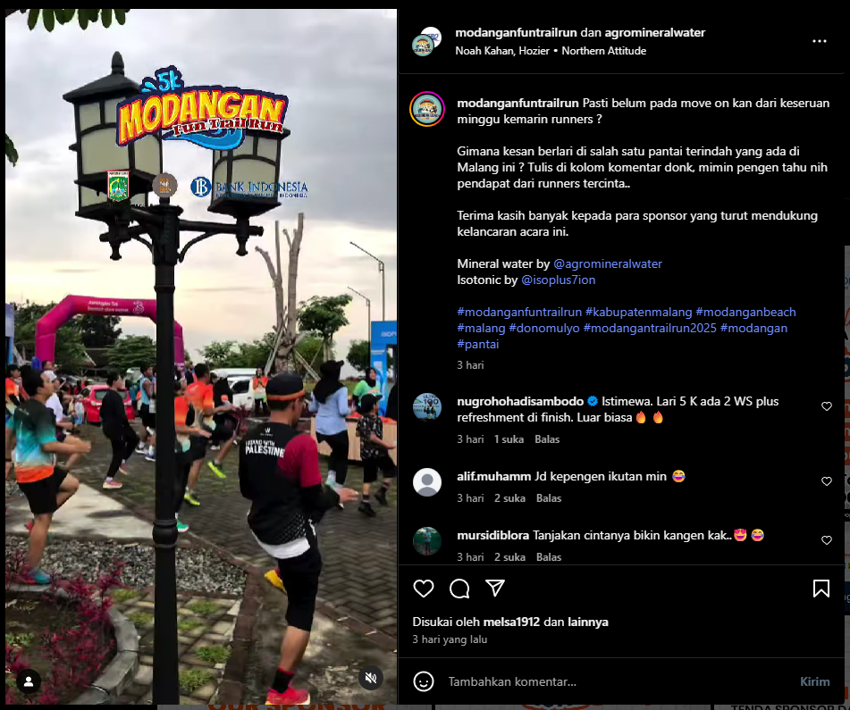 Dokumentasi video kegiatan Modangan Trail Run di akun instagram @modanganfuntrailrun dan @agromineralwater.