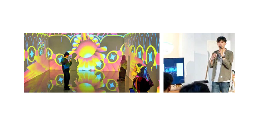 TEROBOSAN BARU: Immersive room dalam pameran Swarnaloka Journey di lantai dua Latar Ijen Resto and Caf&eacute; diminati pengunjung. Foto kanan, Digi Arafah yang menjadi Co-Founder Story of Karana mengisi sal