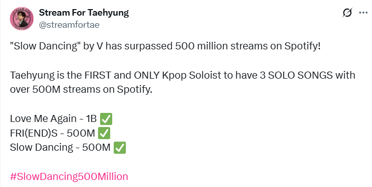 V BTS Lampaui 500 Juta Streaming di Spotify Dengan Tiga Lagu Miliknya (X)